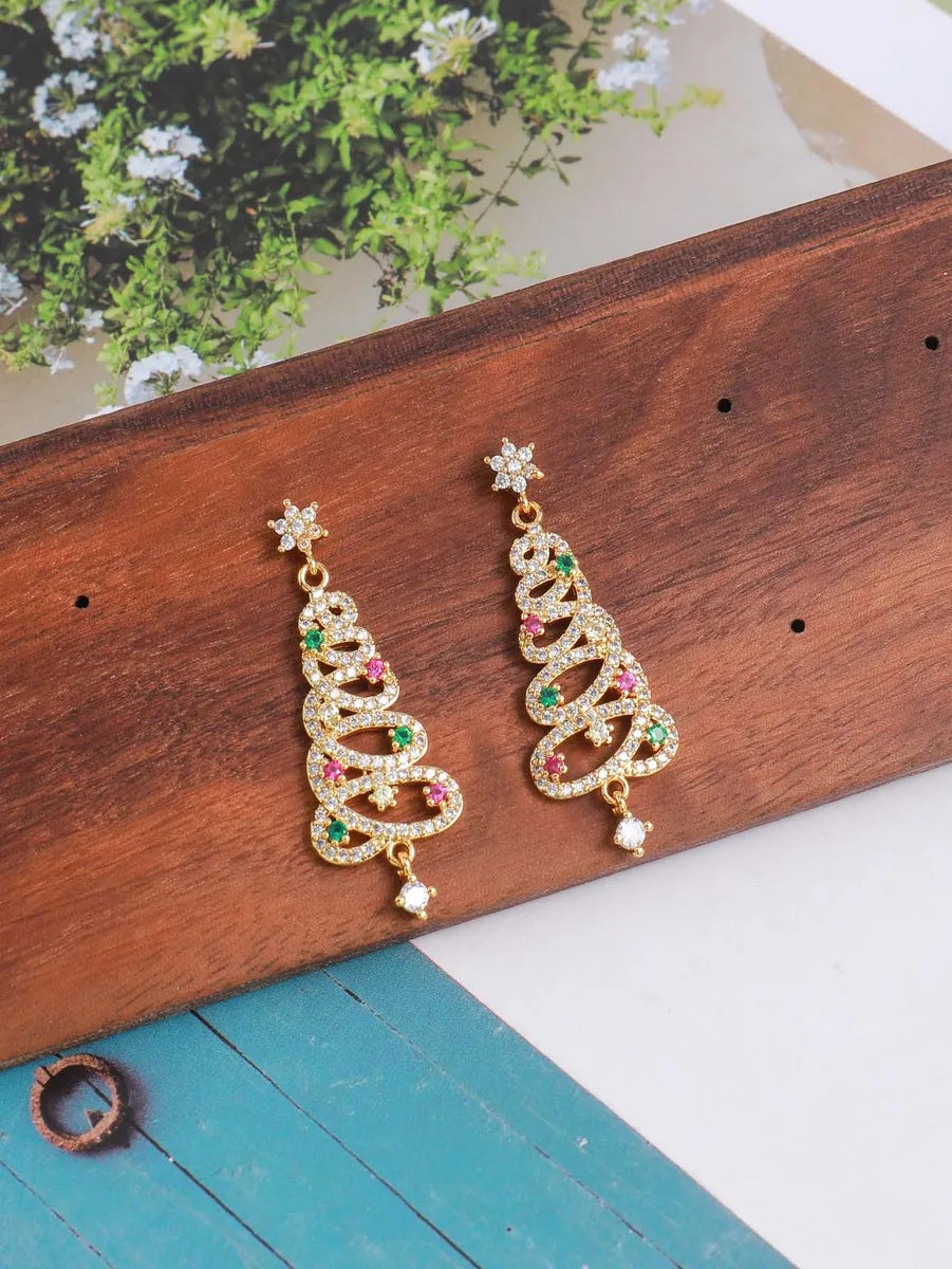 1 Pair Cute Sweet Christmas Tree Plating Inlay Copper Zircon 18k Gold Plated Drop Earrings