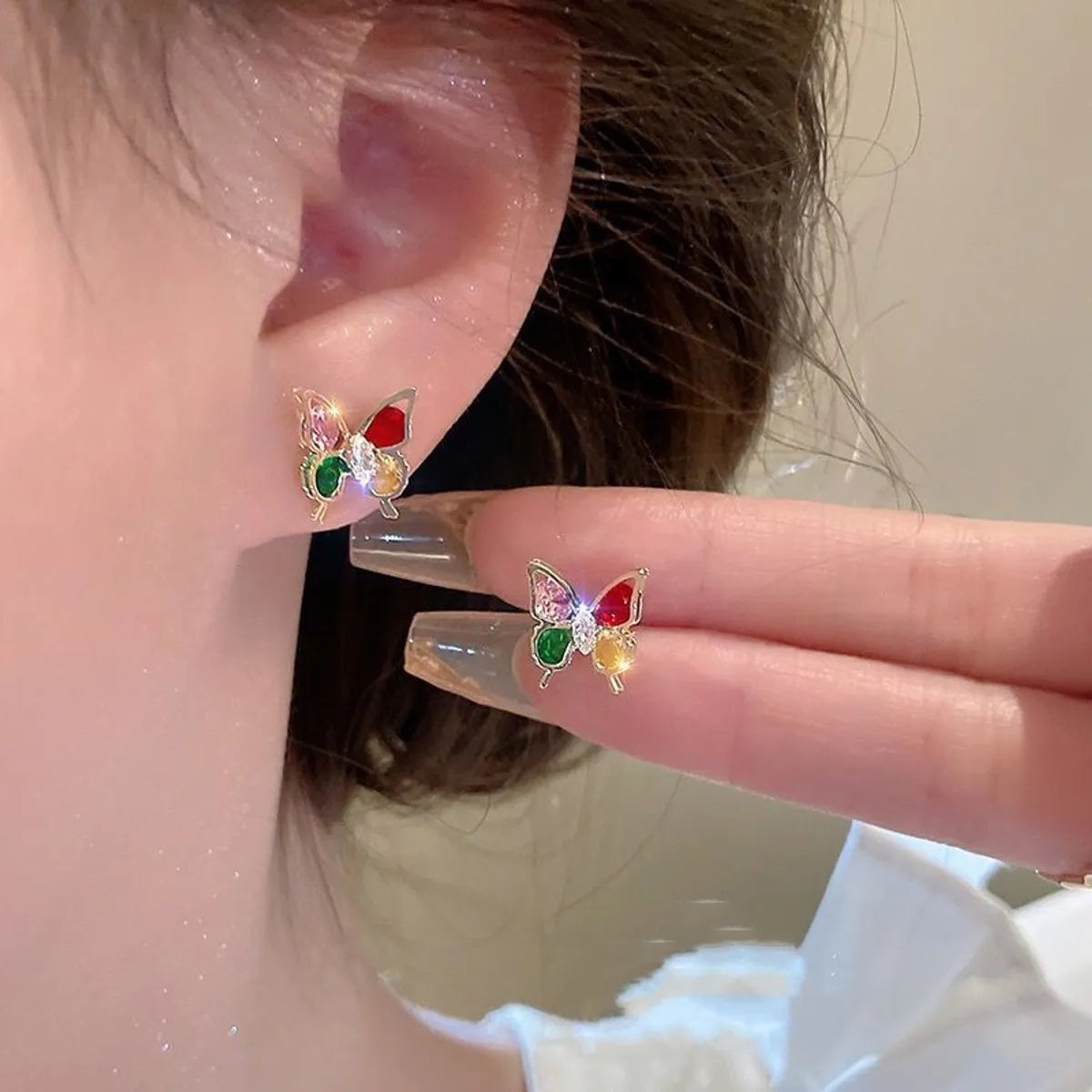 1 Pair Cute Sweet Color Block Butterfly Inlay Alloy Rhinestones Ear Studs