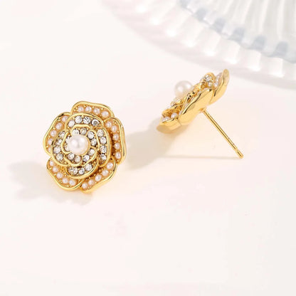 1 Pair Cute Sweet Flower Plating 304 Stainless Steel Copper Rhinestones 18K Gold Plated Ear Studs