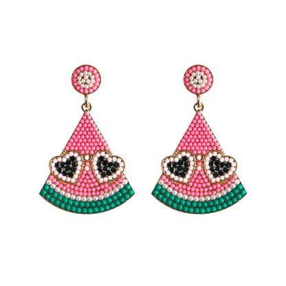 1 Pair Cute Sweet Fruit Watermelon Alloy Seed Bead Drop Earrings