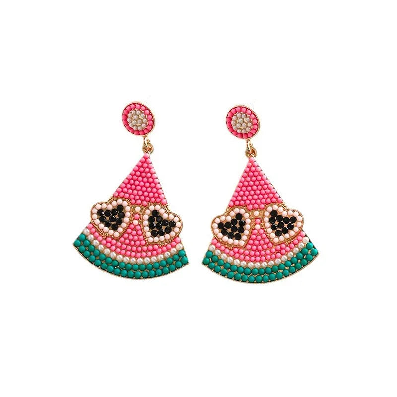 1 Pair Cute Sweet Fruit Watermelon Alloy Seed Bead Drop Earrings