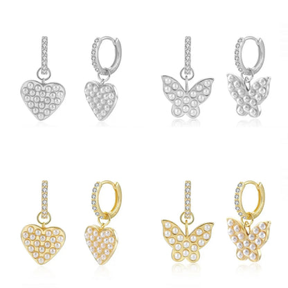 1 Pair Cute Sweet Heart Shape Butterfly Plating Inlay Copper Pearl Zircon 18k Gold Plated Drop Earrings