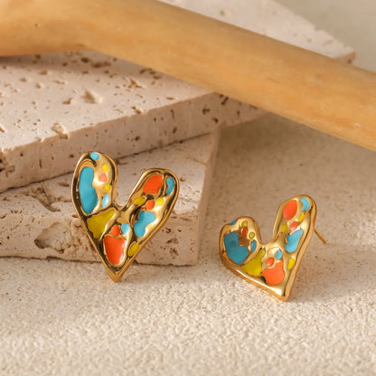 1 Pair Cute Sweet Heart Shape Enamel 304 Stainless Steel 18K Gold Plated Ear Studs