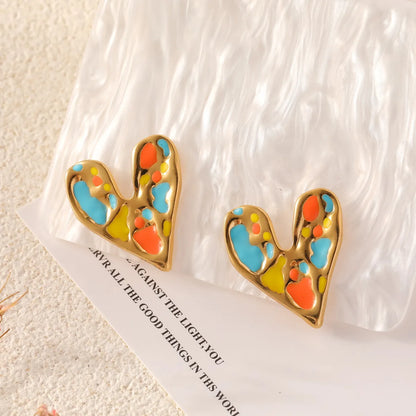 1 Pair Cute Sweet Heart Shape Enamel 304 Stainless Steel 18K Gold Plated Ear Studs