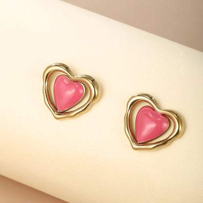 1 Pair Cute Sweet Heart Shape Enamel Plating Metal Stainless Steel 14k Gold Plated Ear Studs