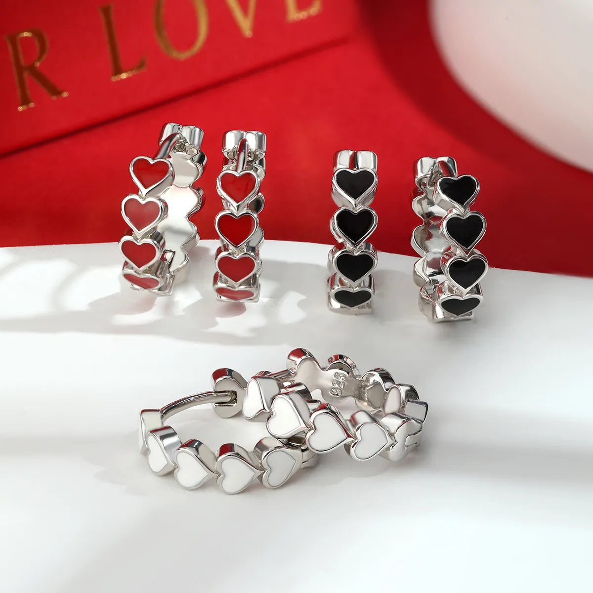 1 Pair Cute Sweet Heart Shape Enamel Plating Sterling Silver White Gold Plated Earrings