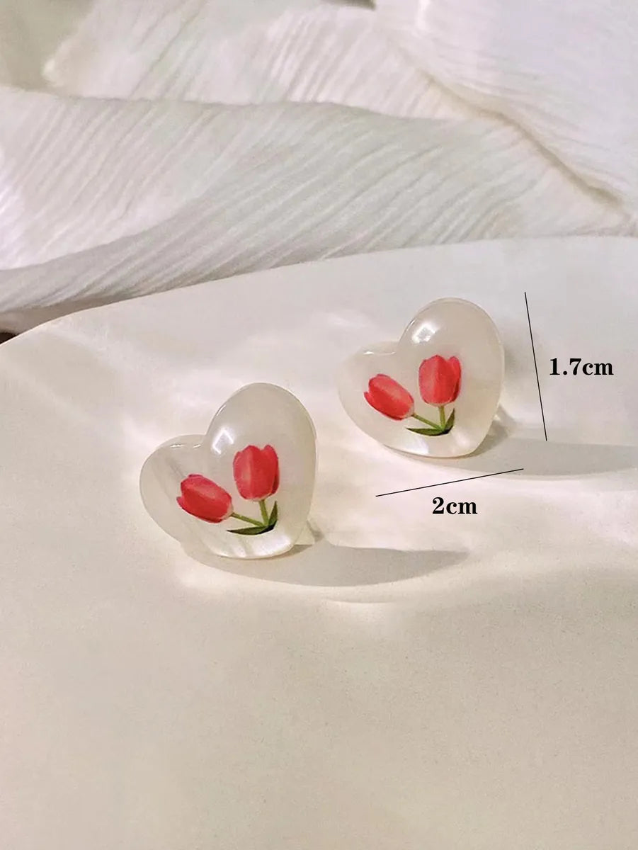 1 Pair Cute Sweet Heart Shape Flower Copper Ear Studs