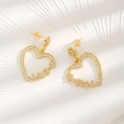 1 Pair Cute Sweet Heart Shape Inlay Copper Zircon 18K Gold Plated Drop Earrings