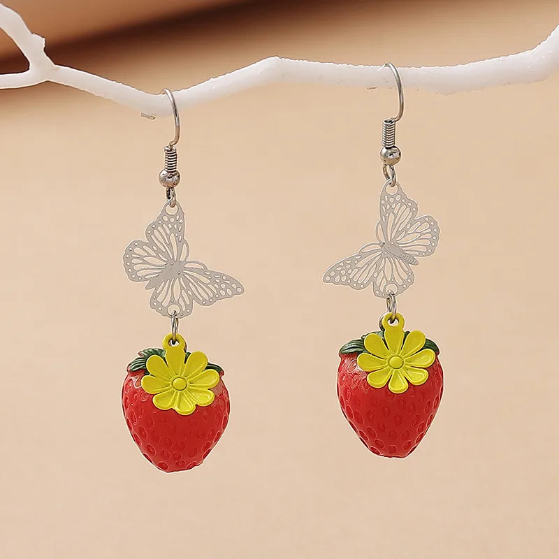 1 Pair Cute Sweet Pastoral Strawberry Butterfly Daisy Synthetic Resin Alloy Drop Earrings