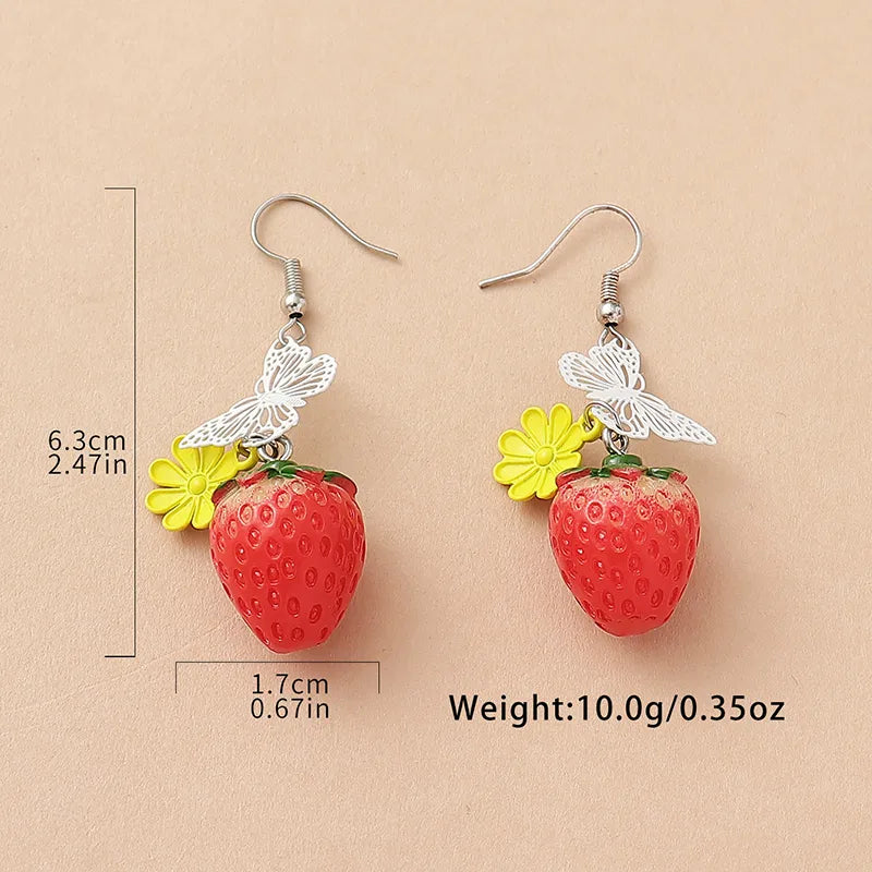 1 Pair Cute Sweet Pastoral Strawberry Butterfly Daisy Synthetic Resin Alloy Drop Earrings