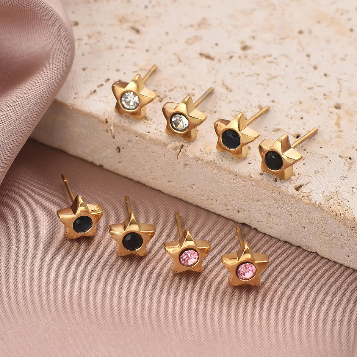 1 Pair Cute Sweet Pentagram Plating Inlay 304 Stainless Steel Rhinestones 14K Gold Plated Ear Studs