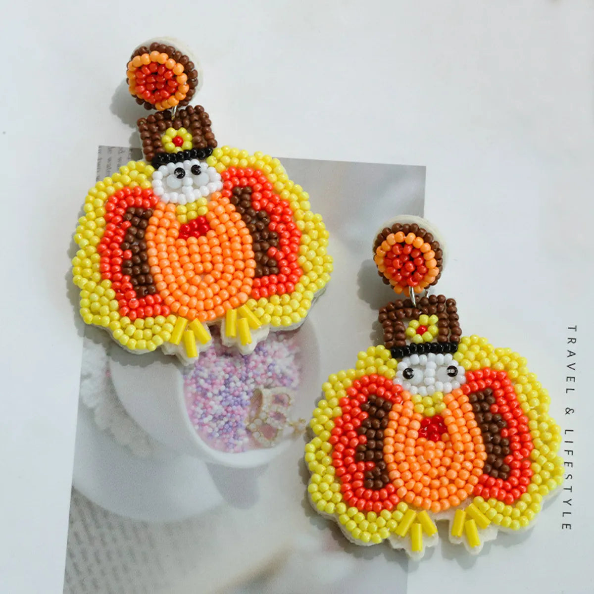 1 Pair Cute Sweet Pumpkin Leaves Flower Cloth Seed Bead Drop Earrings