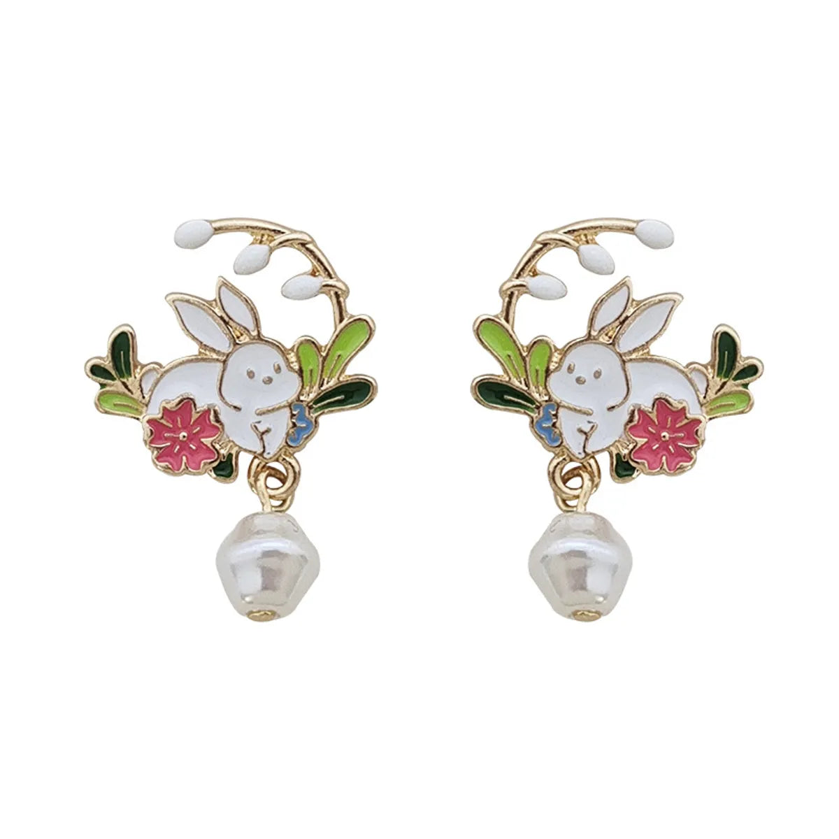 1 Pair Cute Sweet Rabbit Flower Enamel Pearl Plating Alloy Drop Earrings