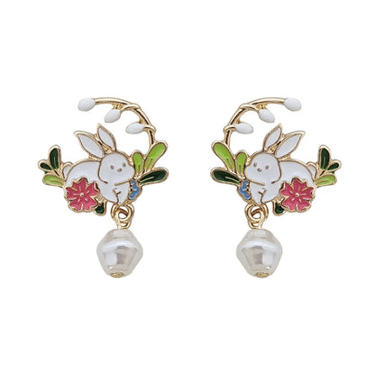 1 Pair Cute Sweet Rabbit Flower Enamel Pearl Plating Alloy Drop Earrings