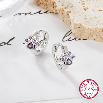 1 Pair Cute Sweet Star Paw Print Flower Sterling Silver Zircon White Gold Plated Hoop Earrings Ear Studs