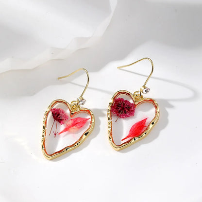 1 Pair Cute Vacation Simple Style Heart Shape Flower Epoxy Inlay Resin Rhinestones Drop Earrings