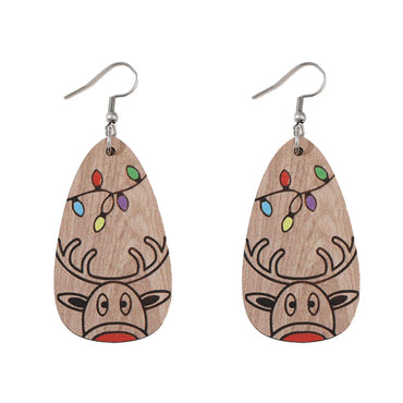 1 Pair Cute Vintage Style Elk Printing Wood Drop Earrings