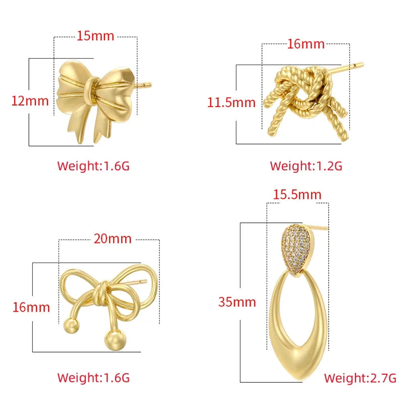 1 Pair Cute Water Droplets Heart Shape Bow Knot Inlay Copper Zircon 18K Gold Plated Ear Studs