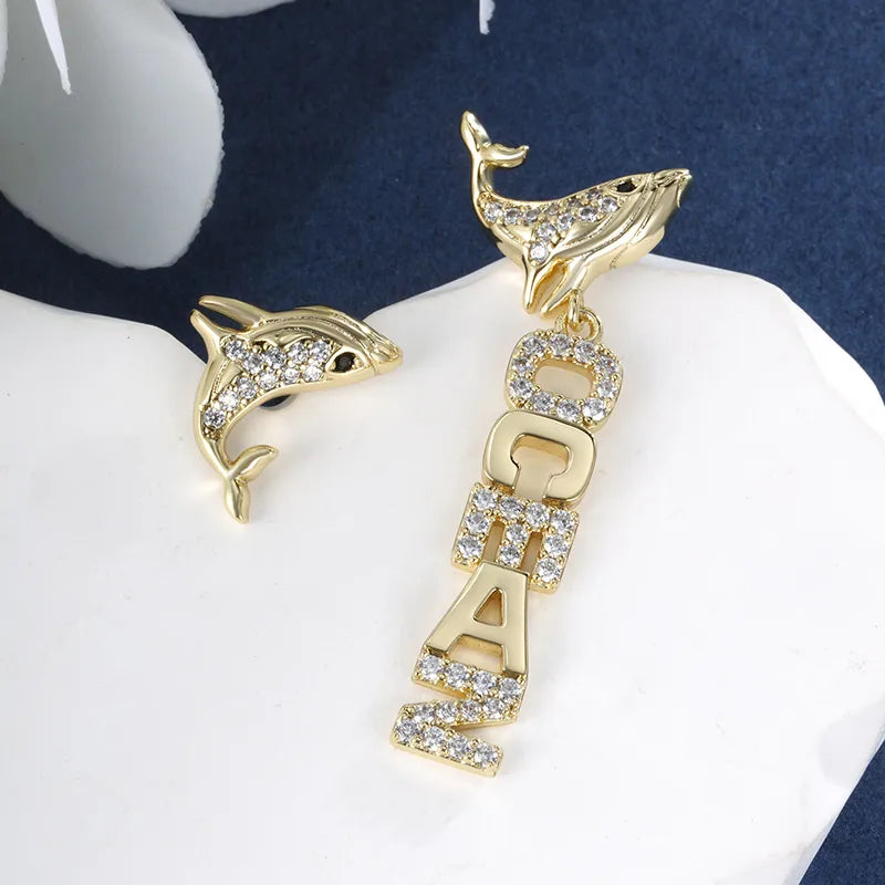 1 Pair Cute XUPING Marine Style Letter Whale Asymmetrical Plating Inlay Copper Artificial Gemstones 18K Gold Plated Platinum Plated Drop Earrings Ear Studs