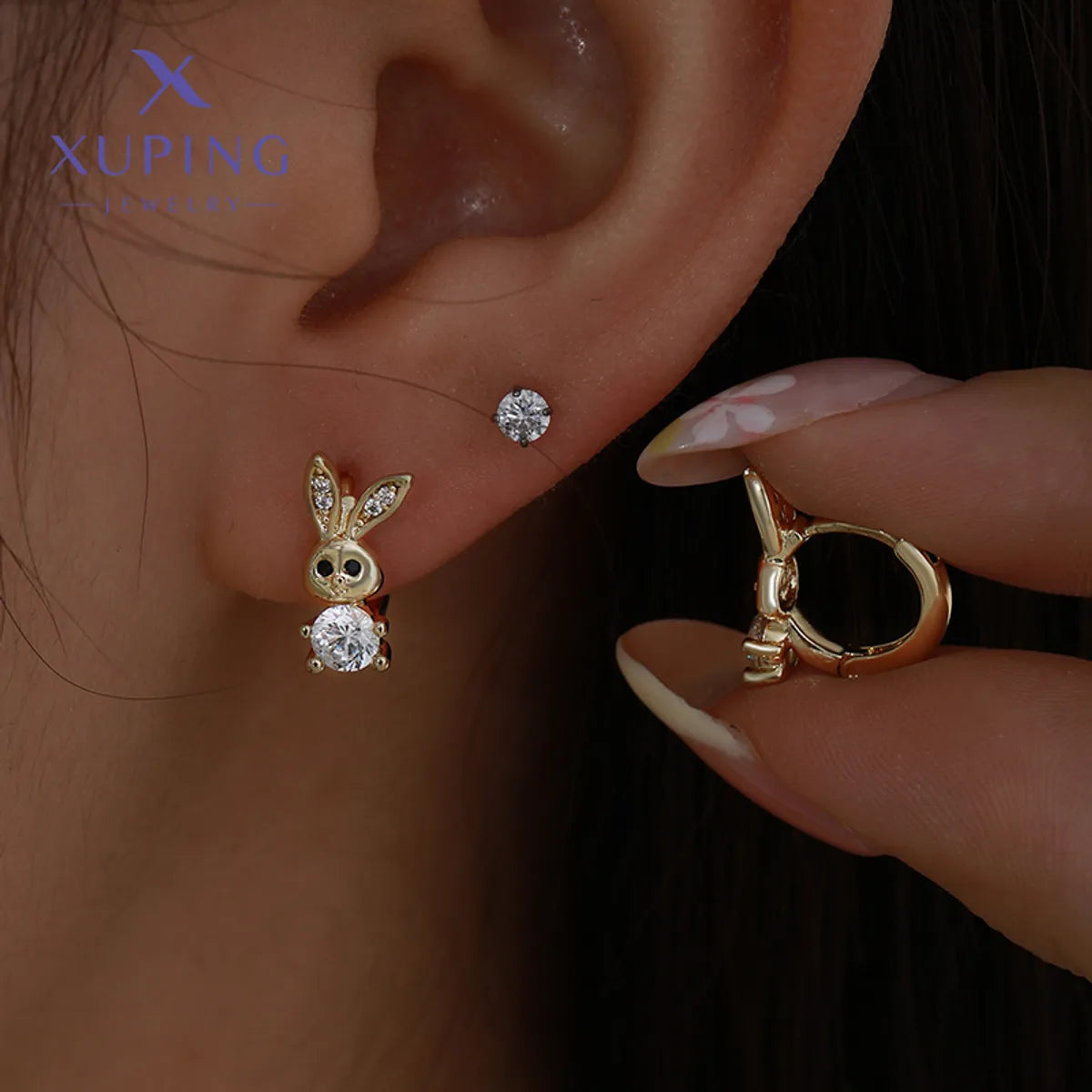 1 Pair Cute XUPING Simple Style Rabbit Plating Copper Artificial Gemstones 18K Gold Plated Earrings