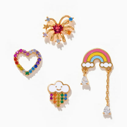 1 Pair Ear Cartilage Rings & Studs IG Style Sweet Cartoon Rainbow Heart Shape Copper