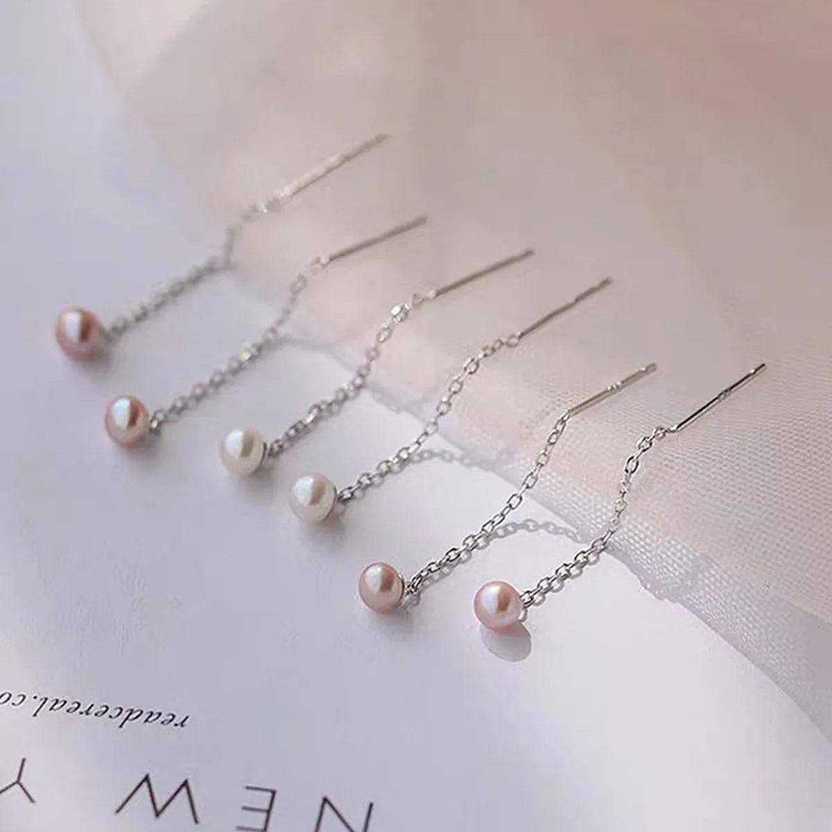 1 Pair Elegant Ball Freshwater Pearl Sterling Silver Ear Line