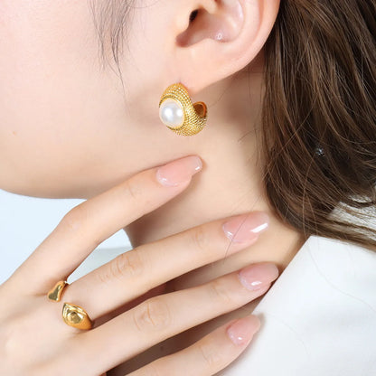 1 Pair Elegant Baroque Style C Shape Plating Inlay Titanium Steel Artificial Pearls 18K Gold Plated Ear Studs