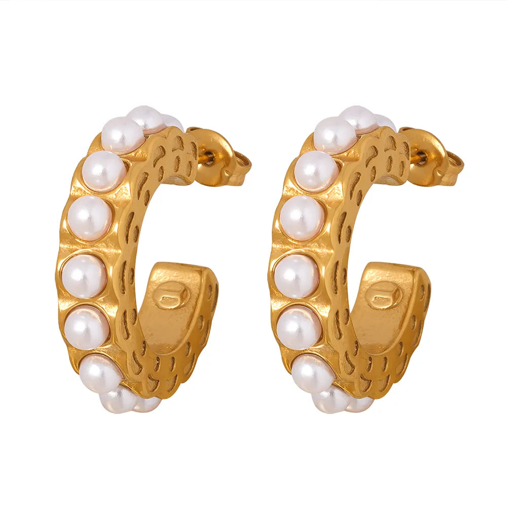 1 Pair Elegant Baroque Style C Shape Plating Inlay Titanium Steel Artificial Pearls 18K Gold Plated Ear Studs