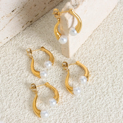 1 Pair Elegant Baroque Style Solid Color Plating Imitation Pearl Titanium Steel 18k Gold Plated Earrings