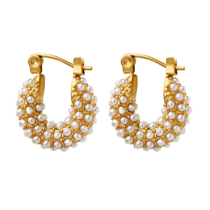 1 Pair Elegant Baroque Style U Shape Titanium Steel Plating Inlay Artificial Pearls 18k Gold Plated Earrings