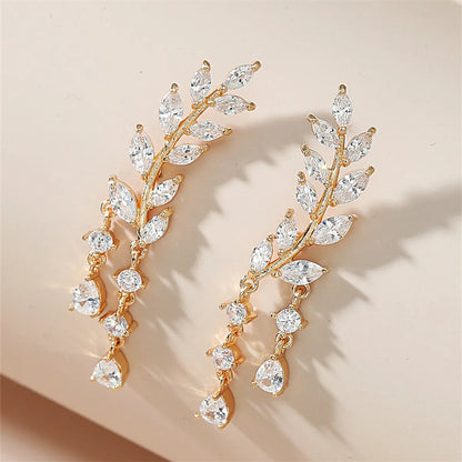 1 Pair Elegant Basic Lady Leaves Inlay Copper Zircon Drop Earrings