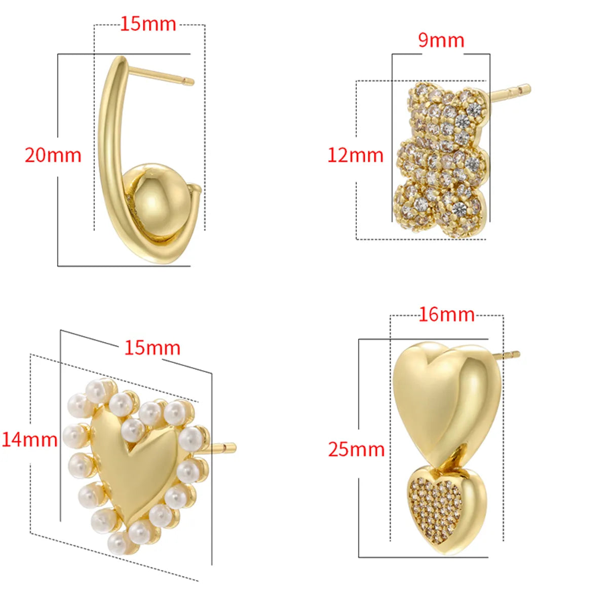 1 Pair Elegant Bear Heart Shape Plating Inlay Copper Artificial Pearls Zircon 18k Gold Plated Ear Studs