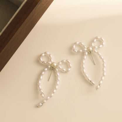 1 Pair Elegant Bow Knot Beaded Plating Artificial Pearl Alloy Ear Studs