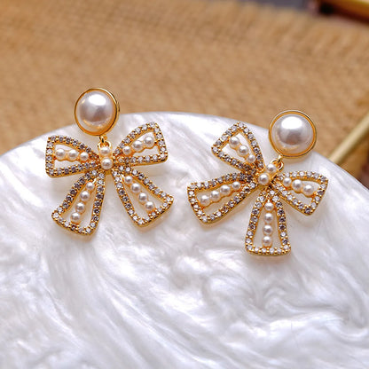 1 Pair Elegant Bow Knot Inlay Copper Pearl 18K Gold Plated Drop Earrings