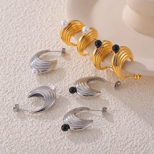 1 Pair Elegant British Style U Shape Round Plating Inlay 304 Stainless Steel Artificial Pearl Agate Artificial Pearls Agate 18K Gold Plated Ear Studs