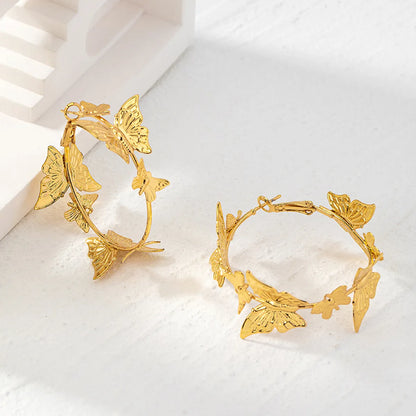 1 Pair Elegant Butterfly Copper 18K Gold Plated Hoop Earrings