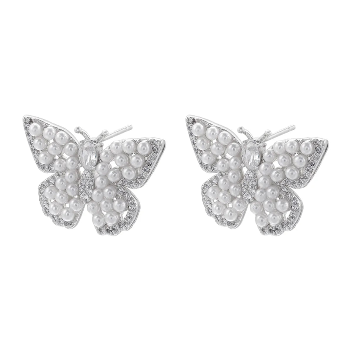 1 Pair Elegant Butterfly Copper Plating Inlay Pearl Zircon 18k Gold Plated Ear Studs