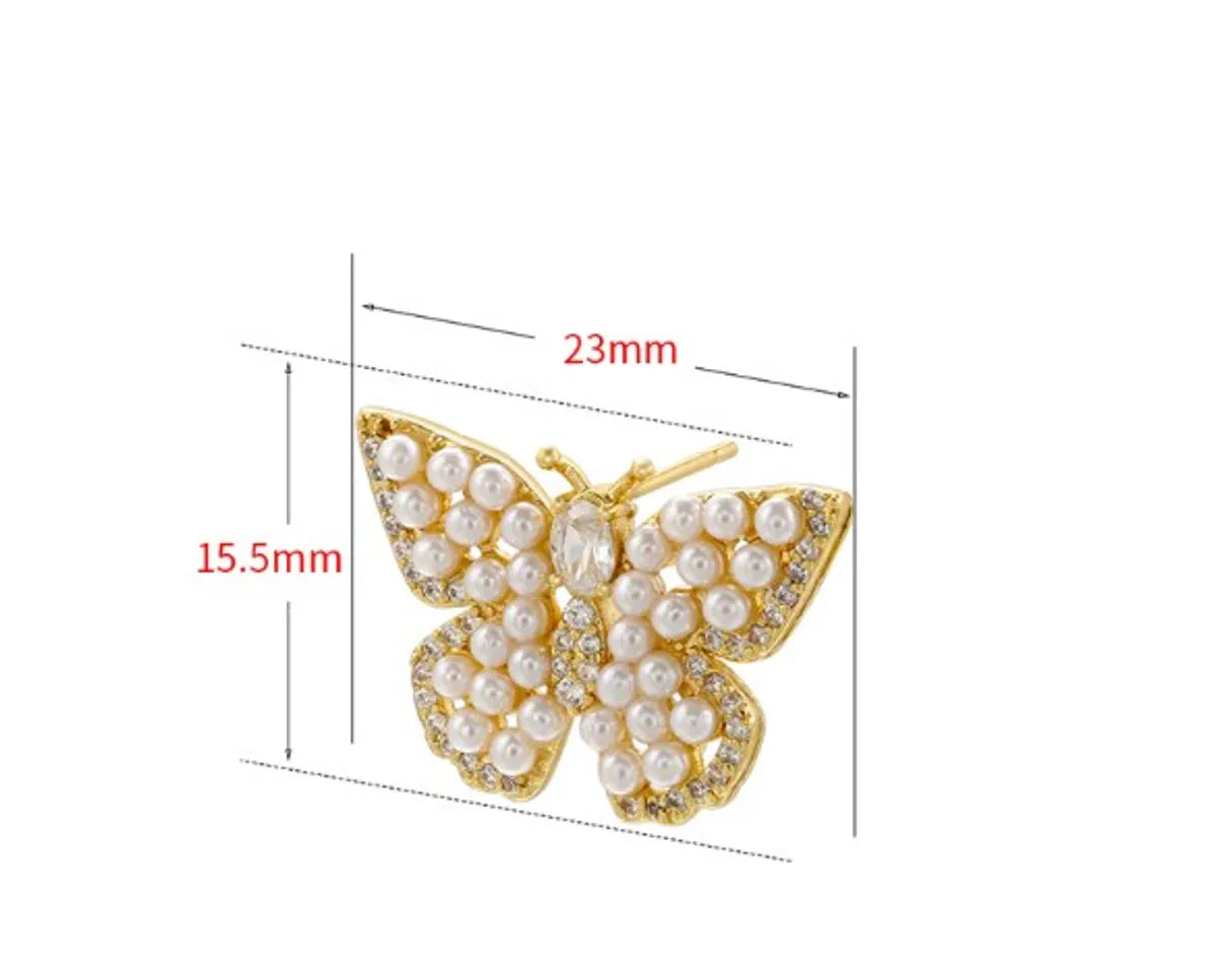 1 Pair Elegant Butterfly Copper Plating Inlay Pearl Zircon 18k Gold Plated Ear Studs