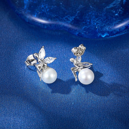 1 Pair Elegant Butterfly Inlay Sterling Silver Artificial Pearls Zircon White Gold Plated Ear Studs