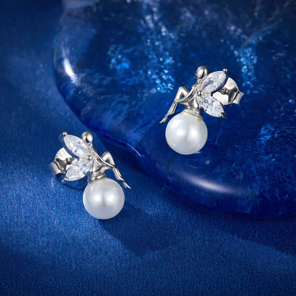 1 Pair Elegant Butterfly Inlay Sterling Silver Artificial Pearls Zircon White Gold Plated Ear Studs