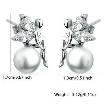 1 Pair Elegant Butterfly Inlay Sterling Silver Artificial Pearls Zircon White Gold Plated Ear Studs