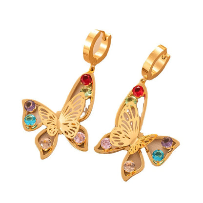 1 Pair Elegant Butterfly Plating Inlay Titanium Steel Zircon Drop Earrings