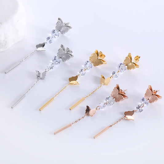 1 Pair Elegant Butterfly Plating Stainless Steel Zircon 18k Gold Plated Rose Gold Plated Drop Earrings