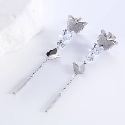 1 Pair Elegant Butterfly Plating Stainless Steel Zircon 18k Gold Plated Rose Gold Plated Drop Earrings