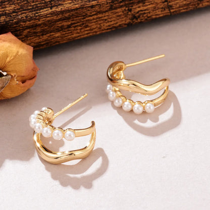 1 Pair Elegant C Shape Pearl Windmill Plating Inlay Arylic Copper Zircon Ear Studs