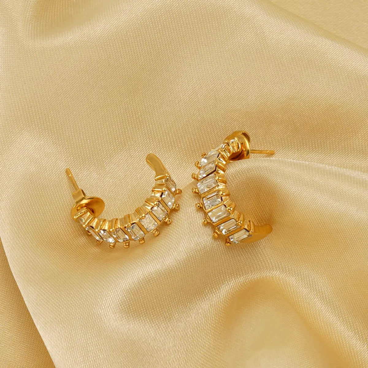 1 Pair Elegant C Shape Plating Inlay Stainless Steel Zircon 18k Gold Plated Ear Studs