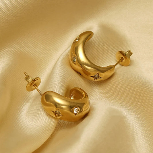 1 Pair Elegant C Shape Star Plating Inlay Stainless Steel Rhinestones 18k Gold Plated Ear Studs