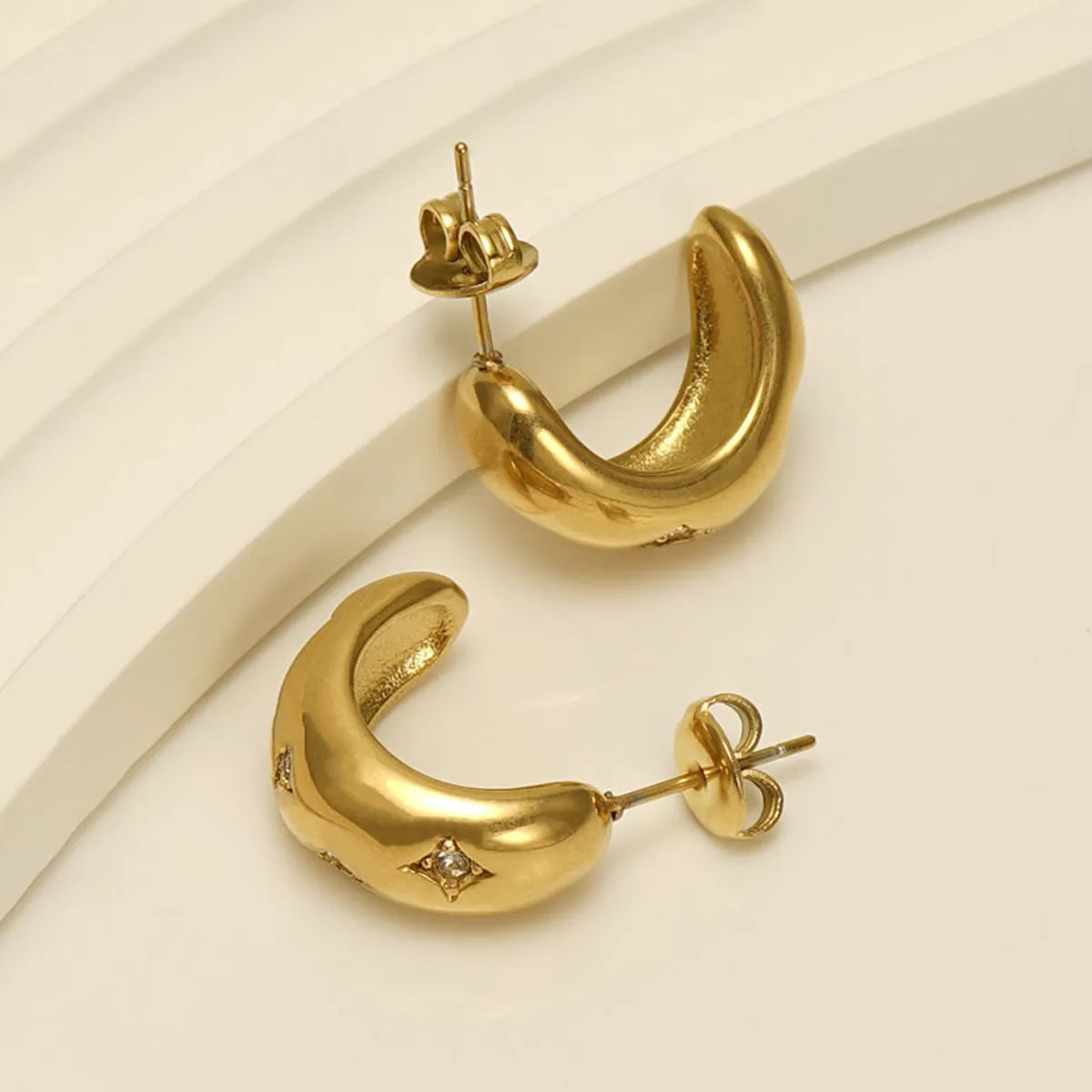 1 Pair Elegant C Shape Star Plating Inlay Stainless Steel Rhinestones 18k Gold Plated Ear Studs