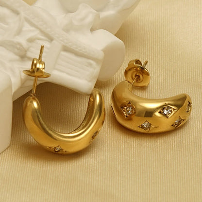 1 Pair Elegant C Shape Star Plating Inlay Stainless Steel Rhinestones 18k Gold Plated Ear Studs