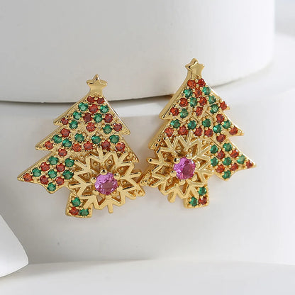 1 Pair Elegant Christmas Sweet Christmas Tree Snowflake Plating Inlay Copper Zircon 18k Gold Plated Ear Studs